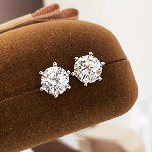 Solid 925 Silver Womens 2ct Diamond Stud Earrings Authentic Round Studs Jewelry - Picture 1 of 6